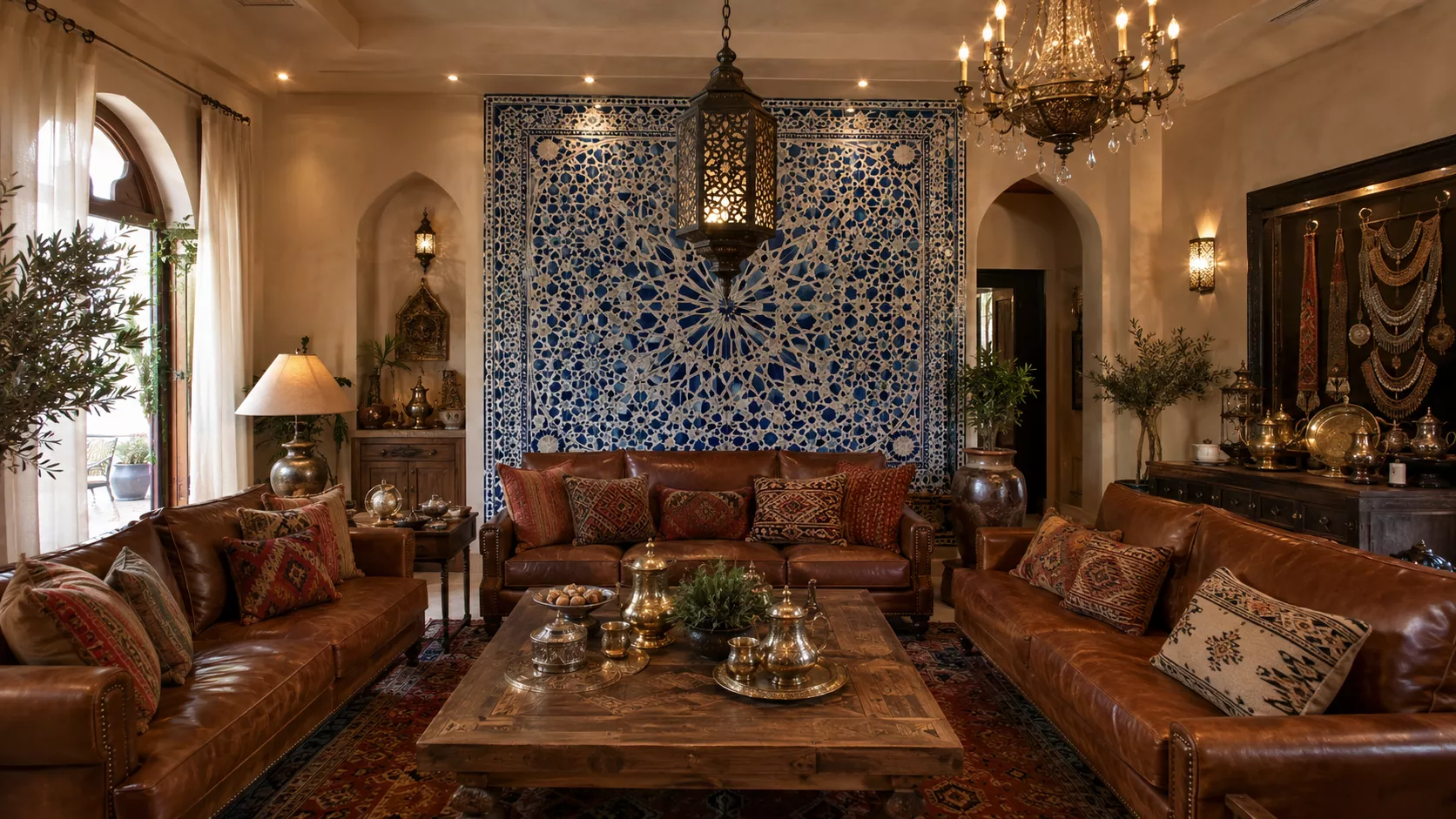 A luxurious hospitality salon combining Algerian zellige, Argentinian leather and a coffee corner. Luxury Guest Salon With Algerian Argentine Decor Ideas 54 characters